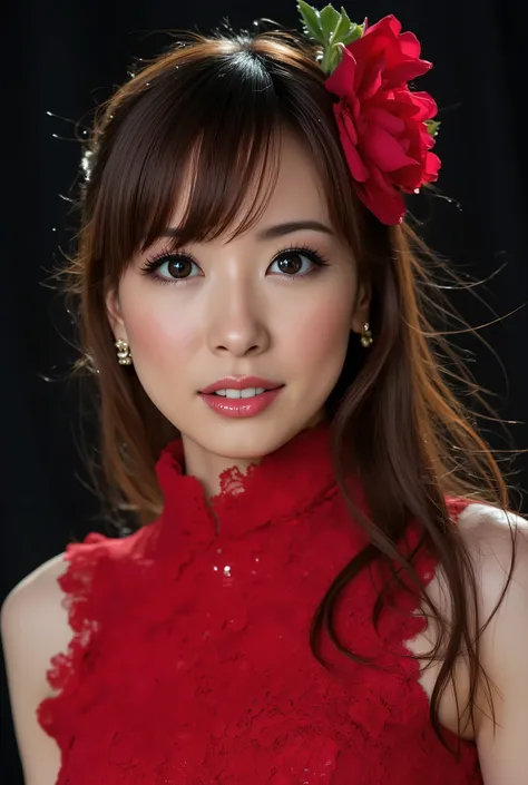 Woman showing off flamenco、Petite Woman、 slender body、super detailed face、Beautifully groomed eyebrows 、beautiful drooling、incredibly elaborate eyes、Big Curled Lashes、Beautiful tall nose、Sexy Thick Lips、  long brown hair、Wet white skin、(((small breasts、、、t...