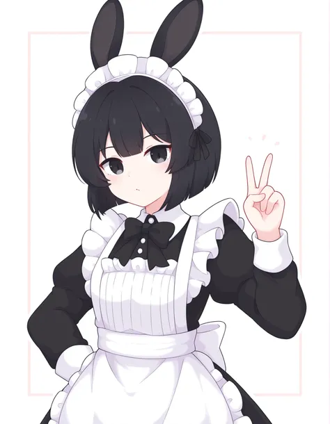 pearlykf,, solo, Maya Hell,black eyes,dark hair,bob cut,Maid Outfit、White Apron、White Headdress、 with rabbit ears、cafe