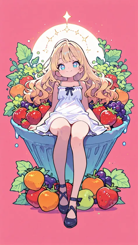 tiny beautiful woman, tiny human size, blonde hair, long wavy hair, blue eyes, wearing a camisole dress, full body, lying and sitting among oversized juicy fruits filling the entire frame, strawberries, grapes, apples, oranges, colorful and vibrant, cute s...