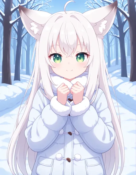 pearlykf,, anime, solo, BREAK, young fox girl, skinny and frail, (petite,cute:0.5), green eyes, looking at viewer, long hair, white hair, smile, winter clothes, outdoors, winter,