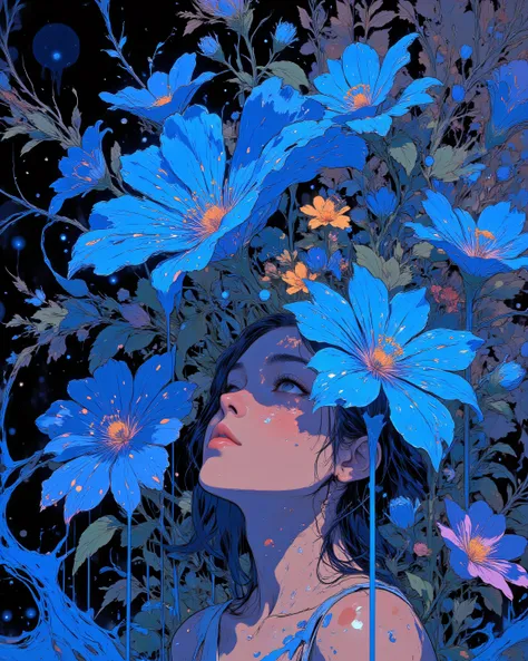 VibrantlySharp style.,Blue flowers , neon glow, paint dripping from pedals . pedals  falling, wallpaper style. 