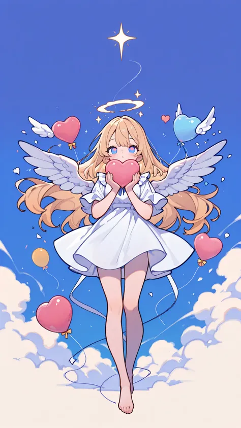 ,floating angel girl, cute, holding a single string that gathers many heart-shaped balloons in one hand, balloons floating upward, barefoot, full body, gentle expression, white feathered wings, soft white dress fluttering, sunny blue sky background, warm n...