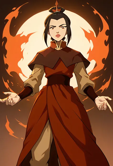 Azula from Avatar The Last Airbender wearing a sexy version of Charmcaster's outfit from Ben 10, a tight lavender and purple dress with magical rune patterns, a high slit to reveal her thick thighs, paired with knee-high boots and long gloves, her figure i...