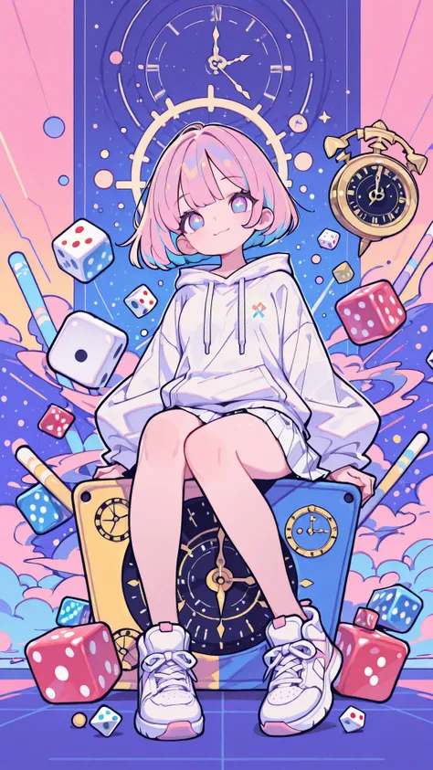 cute girl, sitting on a giant dice, wearing white sneakers, surrounded by many colorful dice, large floating clock in the background, pastel colors, oversized hoodie, pleated white skirt, soft bob haircut, soft smile, background full of dice and clocks, fl...
