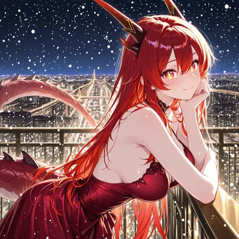 masterpiece, best quality, very aesthetic, absurdres, detailed eyes, anime eyes, high detail eyes, multicolored iris, detailed iris, 1girl, solo, BT_Tania, red hair, Horns, hair between eyes, dragon Horns, long red hair with bangs, Red dragon tail, wearing...
