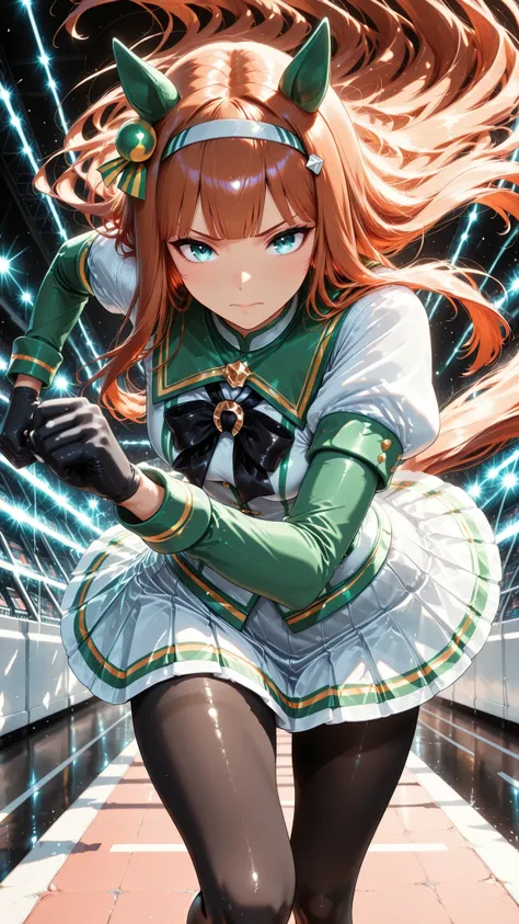 (High Quality, 8k, 4K, high contrast, masterpiece:1.2, 最High Quality, best aesthetics), ((Female 1)), silence suzuka(umamusume), black gloves, white skirt, between products, Roppongi girls, Layered sleeves, Puff short sleeves, Short or long sleeves , Blac...