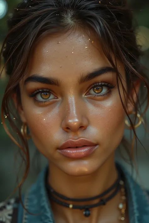 Mulher bonita, (sardas), Smug Grin, Hazel-brown eyes, undercut haircut, maquiagem ousada, soft cinematic lighting, portrait of head and shoulders, ultra detalhado,