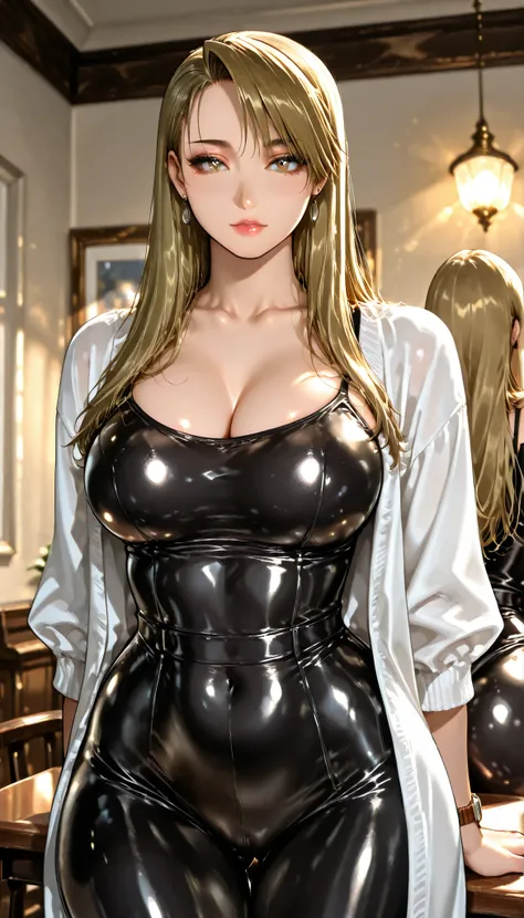 masterpiece, elegant mature, Lisa Hawkeye, wearing a black latex bodysuit, Shiny Black Latex Bodysuit, long hair, Tall body, BIG BREASTS , sexy poses, sexy body, big butt, wide hips, Shiny Hair, glossy pink lipstick, Makeup On , standing open cardigan, ca...