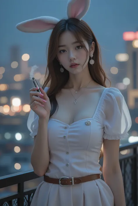 (8k, Highest Quality, masterpiece), ( Realistic , photo Realistic : 1.37), very detailed, {Woman smoking an e-cigarette on the roof of a building at night} 、City night view、 very easy to understand , miniature painting ,Detailed Depiction...