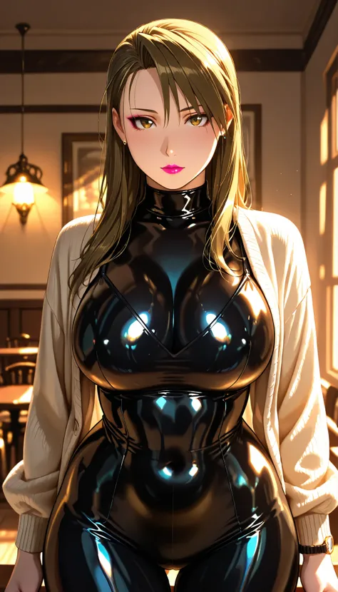 masterpiece, elegant mature, Lisa Hawkeye, wearing a black latex bodysuit, Shiny Black Latex Bodysuit, long hair, Tall body, BIG BREASTS , sexy poses, sexy body, big butt, wide hips, Shiny Hair, glossy pink lipstick, Makeup On , standing open cardigan, ca...