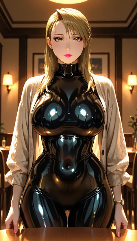 masterpiece, elegant mature, Lisa Hawkeye, wearing a black latex bodysuit, Shiny Black Latex Bodysuit, long hair, Tall body, BIG BREASTS , sexy poses, sexy body, big butt, wide hips, Shiny Hair, glossy pink lipstick, Makeup On , standing open cardigan, ca...