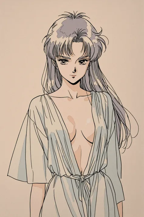 retro, source_anime, In the iconic style of the 1970's romantic young adult graphic novel series "The Poe Clan" by Moto Hagio, line drawing, watercolor style, woman, windblown hair, plunging neckline, pinup girl style,