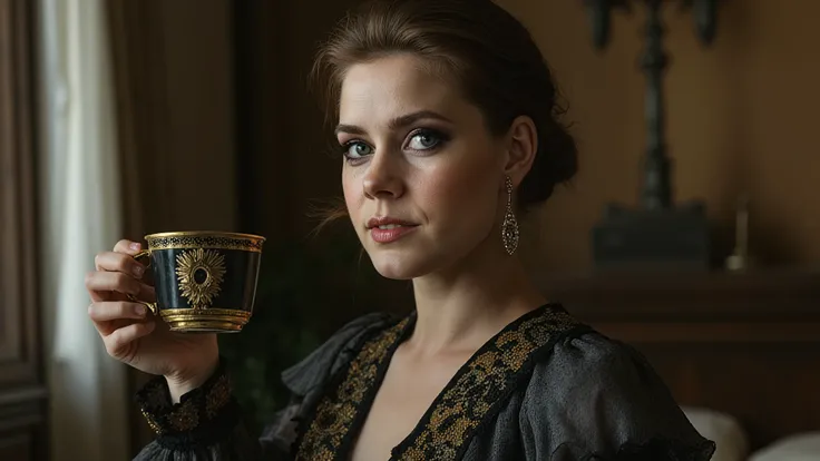 image of a woman in the Gothic Renaissance style. Dark makeup emphasizes the dark Gothic style. She has a pale, calm but at the same time beautiful face. The facial expression is aristocratic pride and arrogance. In the eyes there is a hidden secret and da...