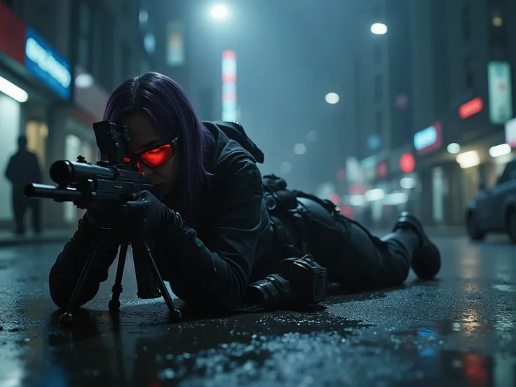 Female Sniper Android Assassin, Midnight 、An urban area with no cars or people under lockdown,smoke can enter a fierce battlefield,Deploy and wait for enemies, (Highest Quality,4K,8k,high resolution,masterpiece:1.2),super detailed,(Realistic,photoRealisti...