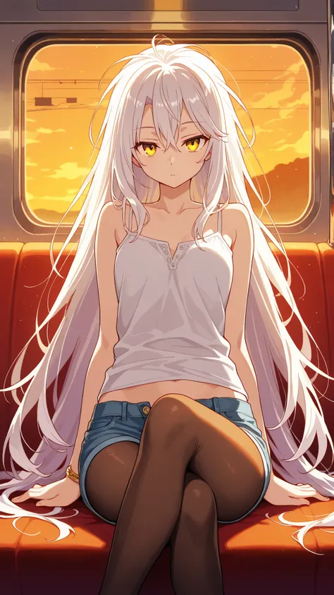 BREAK (masterpiece:1.2), best quality, high resolution, unity 8k wallpaper, (illustration:0.8),Anime-style train interior at sunset, golden-orange light streaming through the windows, soft reflections on the seats, slightly dusty glass glowing in warm tone...