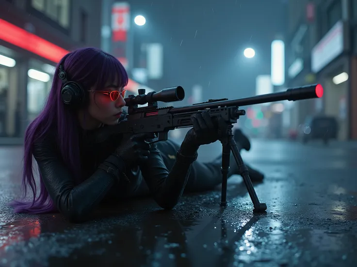 Female Sniper Android Assassin, Midnight 、An urban area with no cars or people under lockdown,White smoke can get in,Aim calmly, (Highest Quality,4K,8k,high resolution,masterpiece:1.2),super detailed,(Realistic,photoRealistic,photo-Realistic:1.37),dramati...