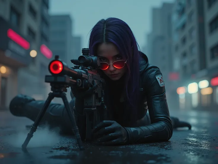 Female Sniper Android Assassin, Midnight 、An urban area with no cars or people under lockdown,White smoke can get in,Aim calmly, (Highest Quality,4K,8k,high resolution,masterpiece:1.2),super detailed,(Realistic,photoRealistic,photo-Realistic:1.37),dramati...
