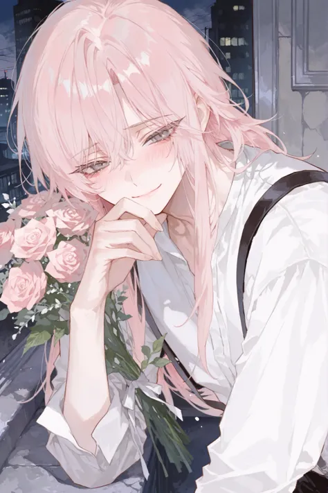 score_9, Solo, Watercolor, (master piece), handsome, best quality, perfect face, full-body portraits, delicate hand, overwhelming, 1 male, light pink long hair, parted bangs, half back bangs, long eyelashes, gray eyes, white shirts, suspenders, a ruined ci...