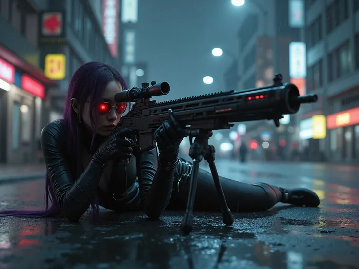 Female Sniper Android Assassin, Midnight 、An urban area with no cars or people under lockdown,White smoke can get in,Aim calmly, (Highest Quality,4K,8k,high resolution,masterpiece:1.2),super detailed,(Realistic,photoRealistic,photo-Realistic:1.37),dramati...