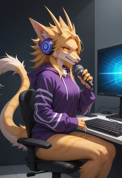 alone, score_9,score_8_up,score_7_up, anthro, female, Eothos, looking at viewer, fluffy fur, furred dragon, golden mark on forehead, front half of body black with golden stripes, black long black ears, long straight golden horns, golden glowing eyes withou...