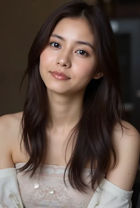 One woman with a cute face、as real as in the picture、matte texture、model pose、dim background