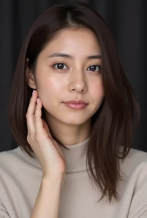 One woman with a cute face、as real as in the picture、matte texture、model pose、dim background