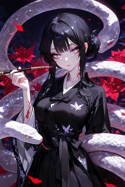 super detail, masterpiece, best quality, high resolution, 8k, ultra high anatomy, facial, only 1 girl, Low Braided bun hair, black hair, white eyes, black Vertical Iris, Pale skin with matching pale black eyelashes, red eyeshadow, red lip, medium breasts, ...