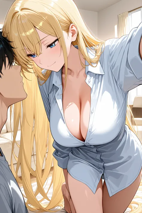 1boy, kiss, 1girl, solo, anime girl, masterpiece, serious expression, closed mouth, cold eyes, eye highlight, faint smile, very long hair, extra long hair, blonde hair, no hairpin, blue eyes, big breast, cleavage, oversized shirt, boyfriend shirt, open col...