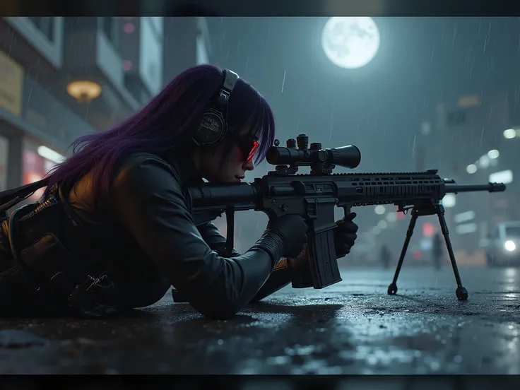Female Sniper Android Assassin, Midnight 、An urban area with no cars or people under lockdown,White smoke can get in,Aim calmly, (Highest Quality,4K,8k,high resolution,masterpiece:1.2),super detailed,(Realistic,photoRealistic,photo-Realistic:1.37),dramati...