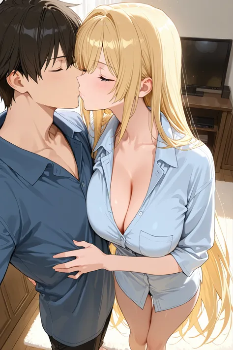 1boy, kiss, kiss on lips, kiss and hug, 1girl, solo, anime girl, masterpiece, serious expression, eyes closed, eye highlight, faint smile, very long hair, extra long hair, blonde hair, no hairpin, blue eyes, big breast, cleavage, oversized shirt, boyfriend...