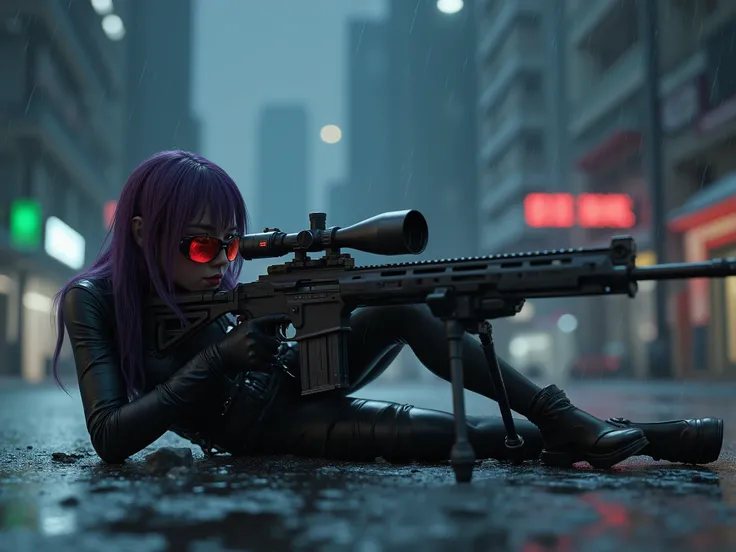 Female Sniper Android Assassin, Midnight 、An urban area with no cars or people under lockdown,White smoke can get in,Aim calmly, (Highest Quality,4K,8k,high resolution,masterpiece:1.2),super detailed,(Realistic,photoRealistic,photo-Realistic:1.37),dramati...