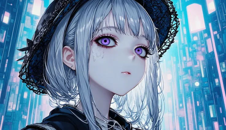 Close-up anime portrait of a gothic lolita girl, violet eyes, long silver hair, wearing a black lace bonnet, moonlight streaming behind her, gothic cathedral ruins glowing faintly.