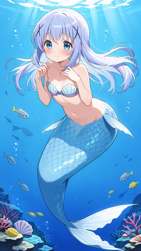 1 female, Shell Bra ,c-chino,long hair,Full body picture,best quality,is very beautiful,Ridiculous,masterpiece,( All five fingers ),Mermaid,The lower half of the body is a light purple fish tail,Fish scales,shy,Blush,Smile,(Underwater:1.2)