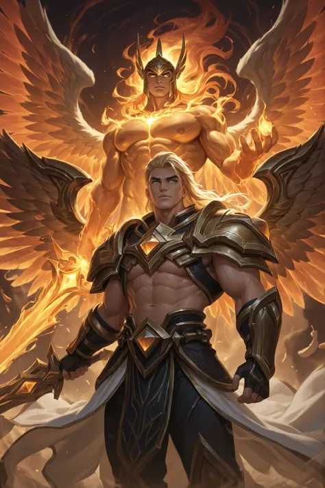 A male version of Kayle from League of Legends, standing tall and godlike. His upper body is bare, no helmet, revealing his perfectly sculpted chest, broad shoulders, and muscular arms like carved marble. One powerful hand grips a massive glowing sword, ra...
