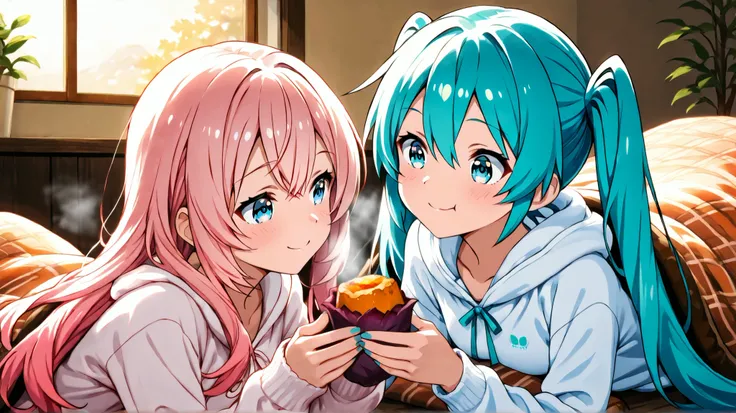 Winter Dusk、Hatsune Miku and Megurine Luka eating yakiimo deliciously in front of a kotatsu。Miku has long blue-green twin tails、Luka has long pink hair。they are both wearing winter loungewear、relaxed expression。Steam rising from roasted sweet potatoes、Warm...