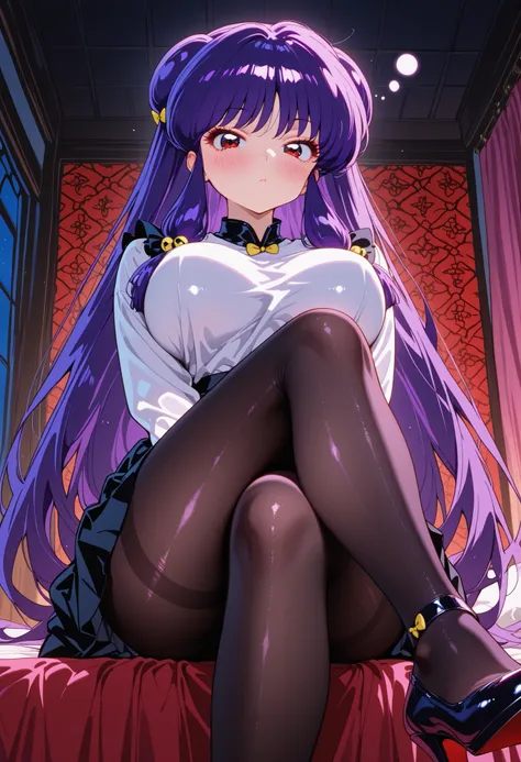 High quality, 1girl, sole female, Shampoo (Ranma 1/2), purple hair, very long hair, hair buns, big eyes, delicate facial features, natural skin texture, seductive, looking at viewer, dark elegant bedroom at night, sexy schoolgirl outfit, white blouse, red ...