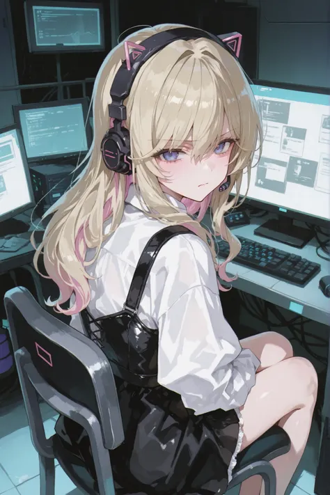 serious expressions,From the back left,Cyber Room,Sit with your knees in a chair,Head microphone,rough but cute costume