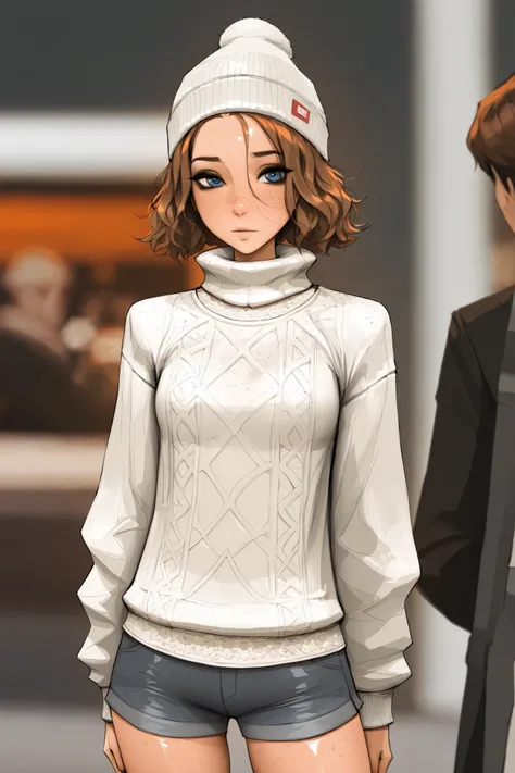 20 year old woman, Michelle Trachtenbergshort hair, blue eyes, brown hair, freckles,masterpiece, best quality, very aesthetic, movie quality, depth of field,soft saturation, focused subject, ,official style, shiny skin, 1girl, dark eyeliner, high-top beani...