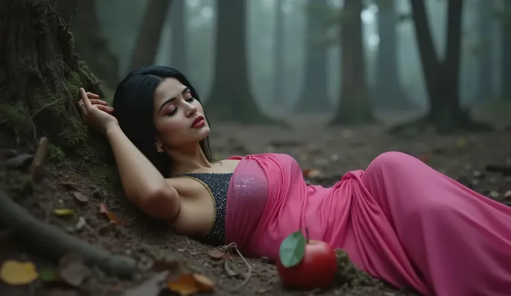 Full hd image of a indian 25 years old girl wearing pink shimmer saree black shimmer half sleeves torn blouse sleeping in the scary forest and there are one apple next to her