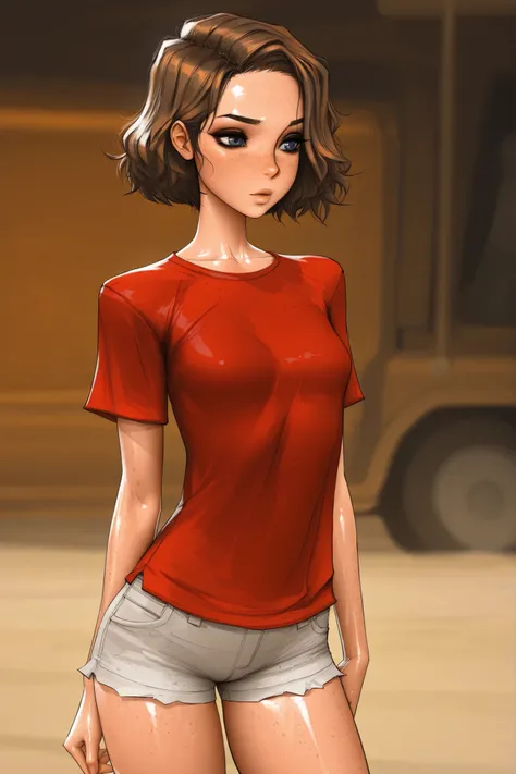 20 year old woman, Michelle Trachtenberg, short hair, blue eyes, brown hair, freckles,masterpiece, best quality, very aesthetic, movie quality, depth of field,soft saturation, focused subject, ,official style, shiny skin, 1girl, dark eyeliner, brunette, fr...