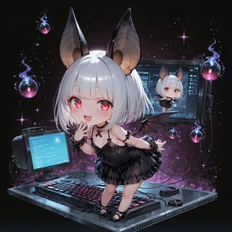 Cute,mesugaki,chibi,,masterpiece、Highest Quality、Super Detailed 、 (1 person)、(chibi:1.4)、chibi only、2.5 heads tall、bat girl floating in cyber space、black bat ears、bat wings on the back、red eyes、white bob hair、Concealed Hair、Smile Yan、black dress、black shoe...