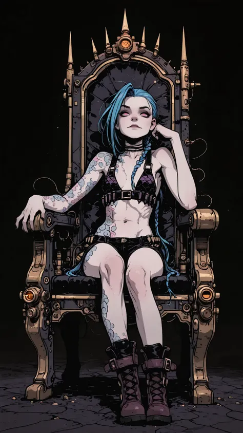 HDR, 8K, masterpiece, best quality, amazing quality, very aesthetic, realistic, newest, volumetric lighting, (flat colors:0.7), (artist:incase:0.3), (artist:tsuaii:0.3),Sinozick_illu, in the style of cksc, jinx from league of legends, sitting in a throne m...