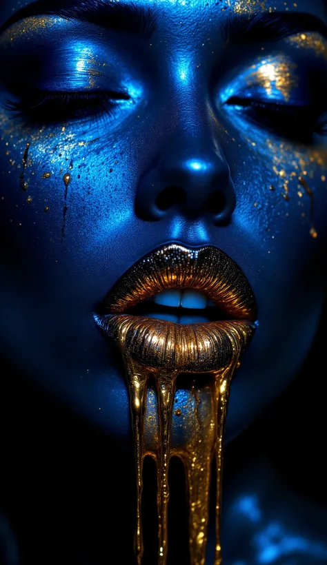 A dramatic close-up beauty shot of metallic gold and blue makeup art. The lips are painted in a metallic gold shimmer with a glossy finish, creating a liquid metal effect. The lips are dripping with the same metallic gold liquid, forming two elongated stre...