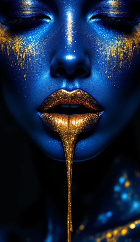 A dramatic close-up beauty shot of metallic gold and blue makeup art. The lips are painted in a metallic gold shimmer with a glossy finish, creating a liquid metal effect. The lips are dripping with the same metallic gold liquid, forming two elongated stre...