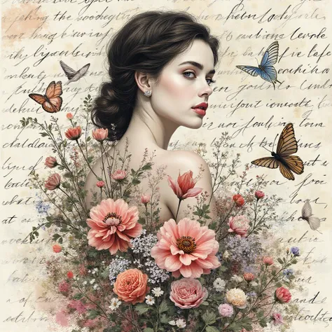 A media mix of a beautiful woman in Paris, flowers and birds on handwritten letters texture background. The artwork combines ink drawing, watercolor washes, charcoal details, splatter paint effects, and black and white drawings to create a richly textured,...