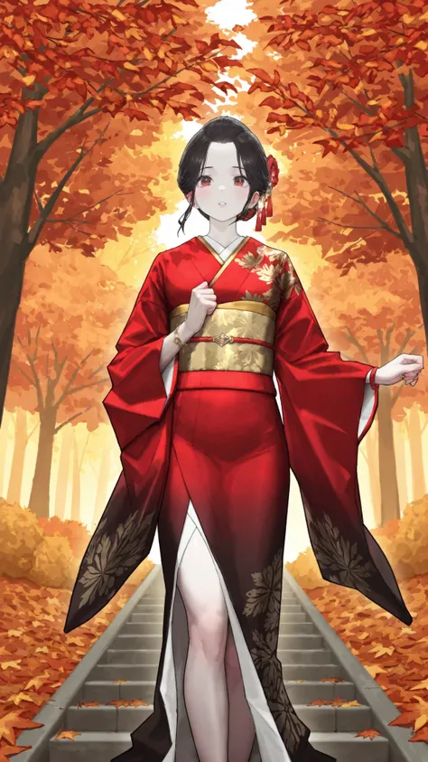 high resolution, Artwork, has been crafted down to the smallest detail, Dignified Woman with Dark Hair,  gorgeous Japanese clothes , Fall Foliage Sando, Gentle Smiles, Beautiful Fingertips, Long, lustrous black hair, Traditional red and gold kimono, Delica...