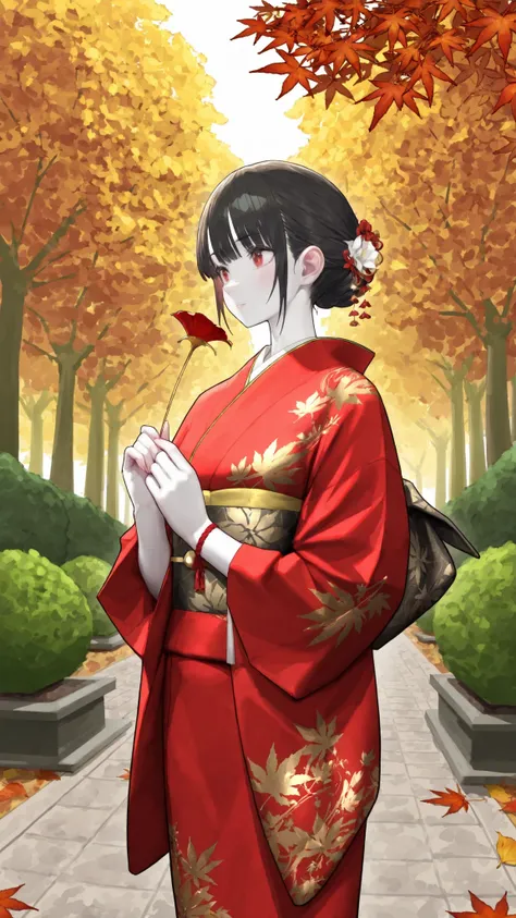 high resolution, Artwork, has been crafted down to the smallest detail, Dignified Woman with Dark Hair,  gorgeous Japanese clothes , Fall Foliage Sando, Gentle Smiles, Beautiful Fingertips, Long, lustrous black hair, Traditional red and gold kimono, Delica...