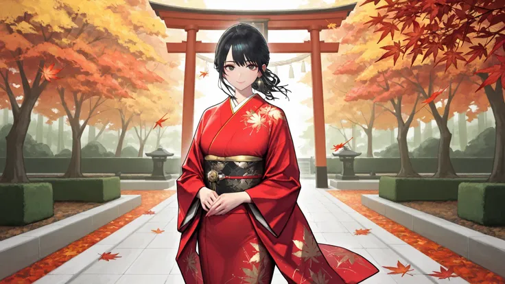 Highest Quality, masterpieces that pass censorship, 8K Wallpaper, Beautiful Woman with Dignified Black Hair, gorgeous Japanese clothes, Garden of Autumn Leaves , Elegant Smile, pearly skin, Long, Flowing Black Hair, Red and Gold Kimono, Sparkling Ornament...