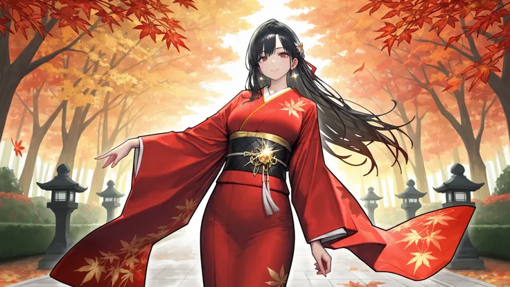 Highest Quality, masterpieces that pass censorship, 8K Wallpaper, Beautiful Woman with Dignified Black Hair, gorgeous Japanese clothes, Garden of Autumn Leaves , Elegant Smile, pearly skin, Long, Flowing Black Hair, Red and Gold Kimono, Sparkling Ornament...