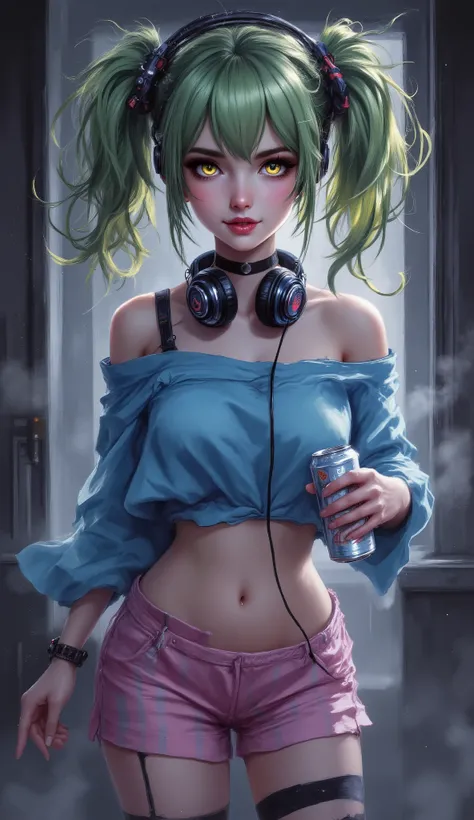 (chiaroscuro, muted colors, abstract background, abstract), zuharu, (best_quality, detailed, masterpiece, very_aesthetic, absurdres), BREAK 1girl, upper_body, adult, abstract background, BREAK headphones_around_neck, headphones, groin, thighhighs, smile, s...